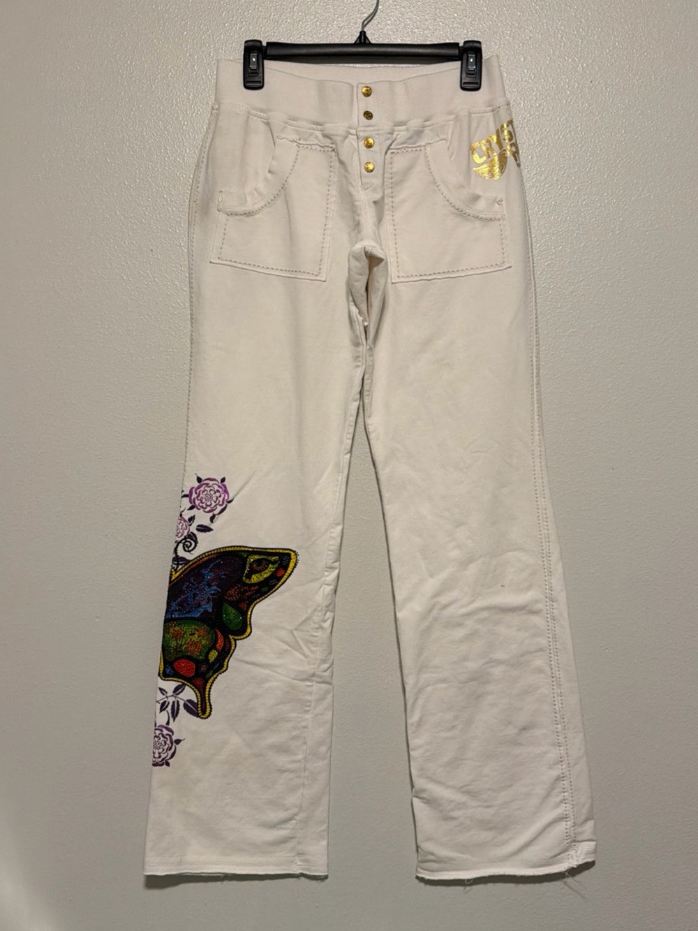 Vintage Y2K Crystal Rock Joggers with Colorful Butterfly and Ornate Details.